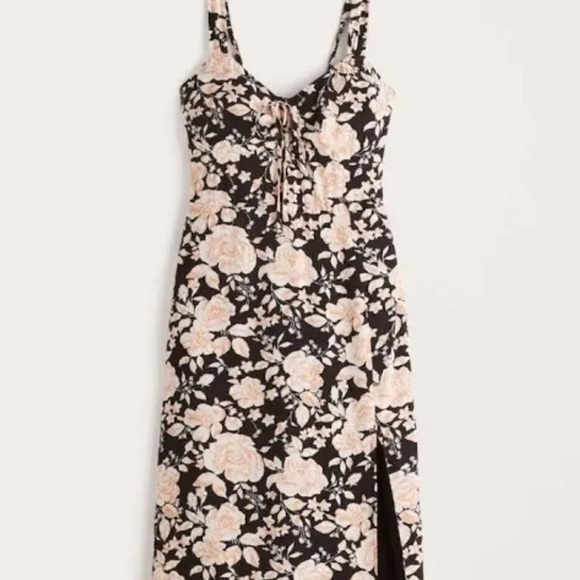 Abercrombie & Fitch Black Floral Cinch Front Midi with Slit, Size Small Tall - Picture 6 of 10
